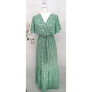 Sublime Womens Green Gold Floral Metallic Belted Surplice Neck Maxi Dress Size M